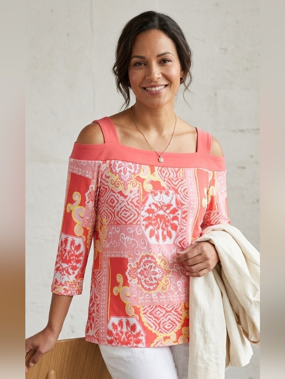 JM Collection Off-Shoulder Blouse - Pink and Yellow